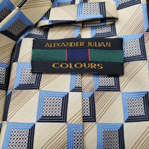 Alexander Julian Colours Geometric Polyester Tie Blue Tan Check Pattern 58"x4" - Picture 3 of 7